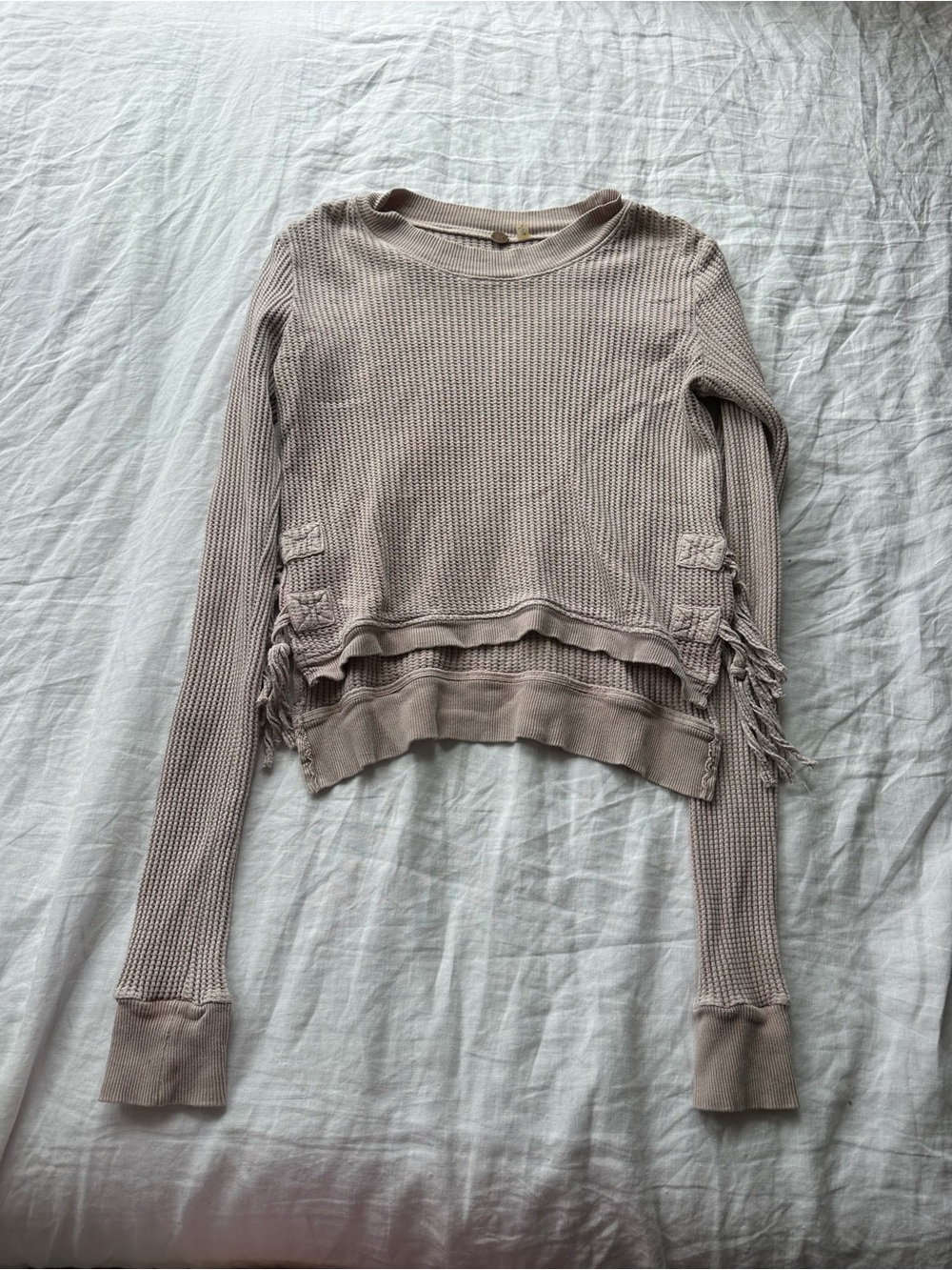 Free People Waffle Knit Fringe Pullover - Light Taupe